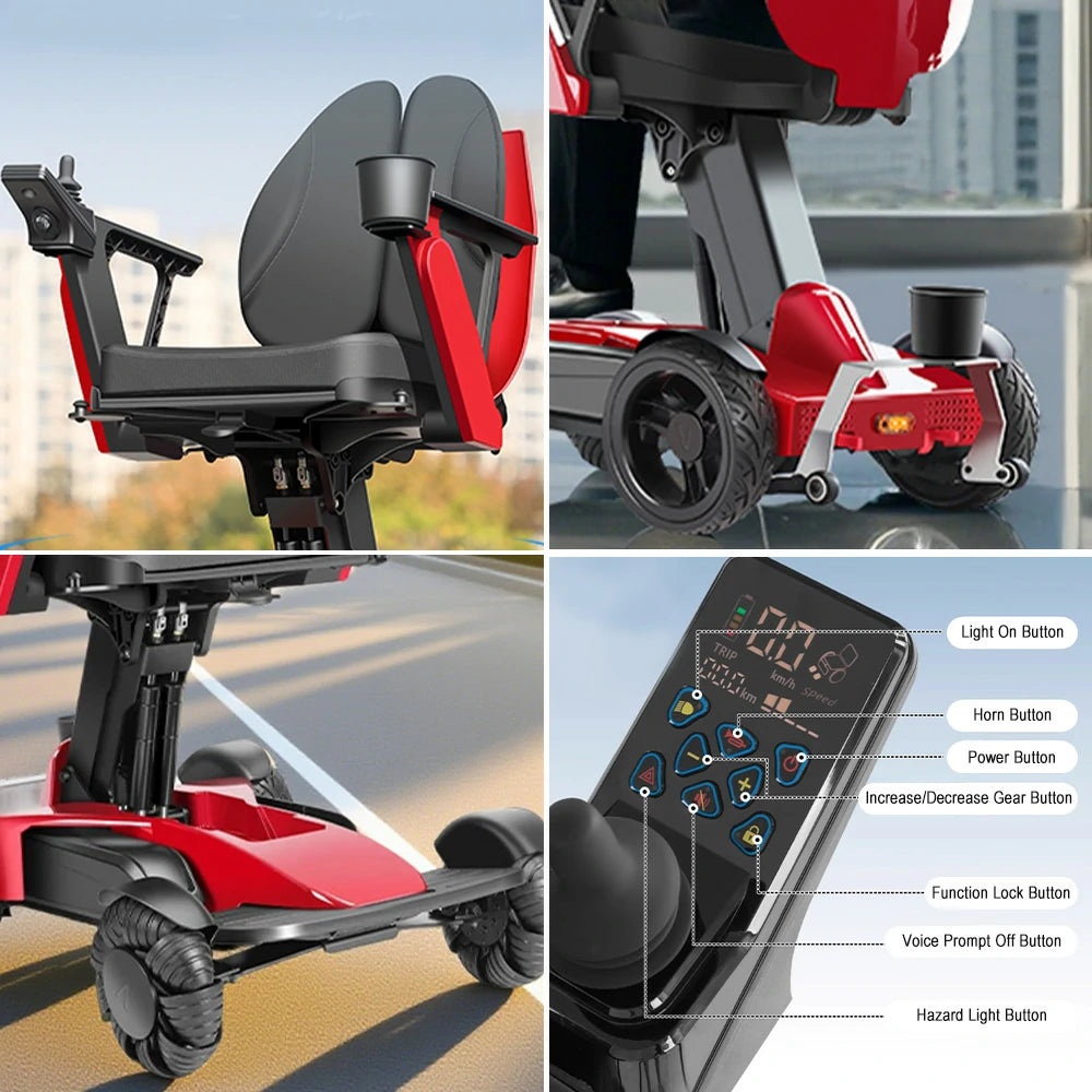 ROLLUX Foldable Compact 4-Wheel Mobility Scooter - 13Ah/20Ah Lithium Battery, Portable & Easy to Store - Red