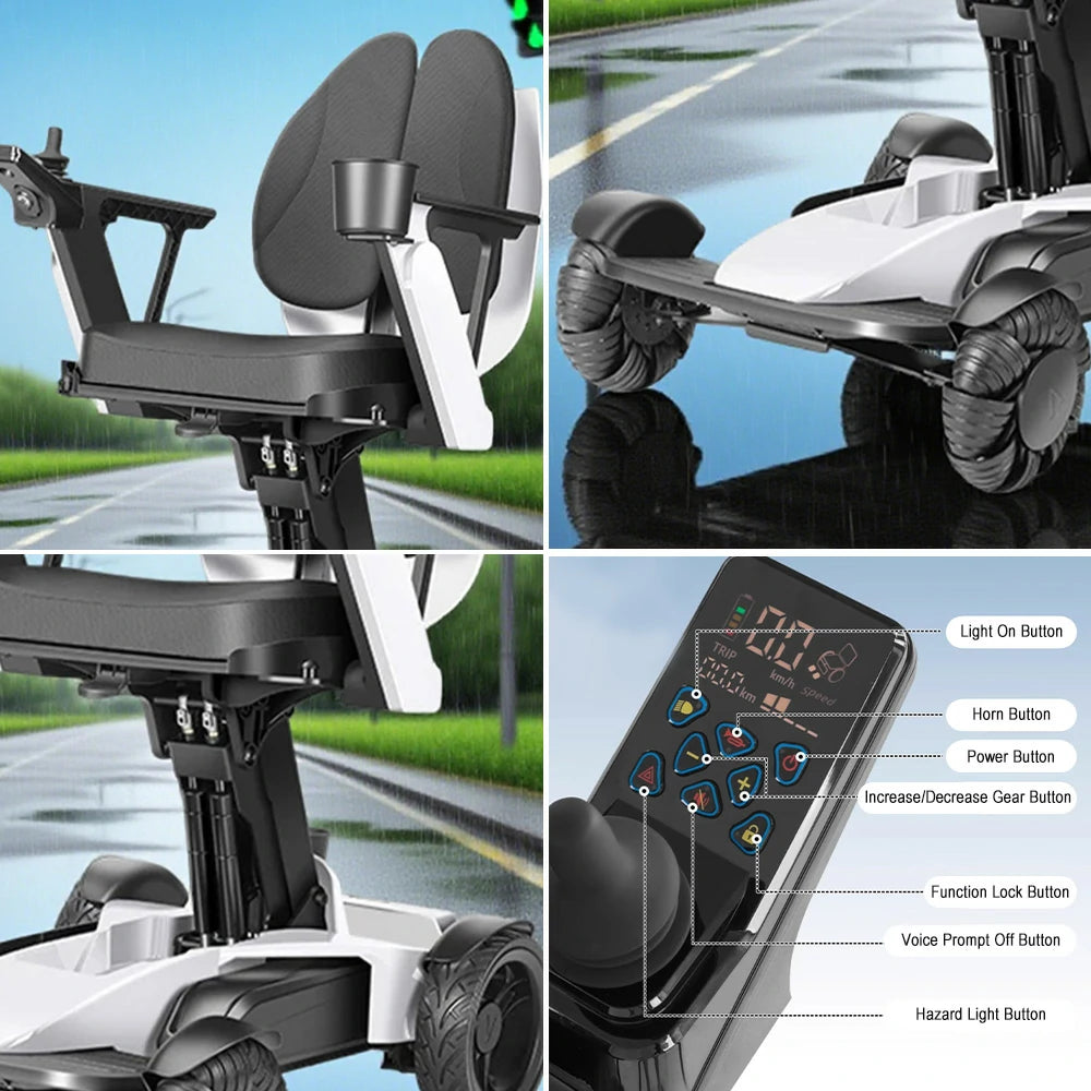 ROLLUX Foldable Compact 4-Wheel Mobility Scooter - 13Ah/20Ah Lithium Battery, Portable & Easy to Store - White