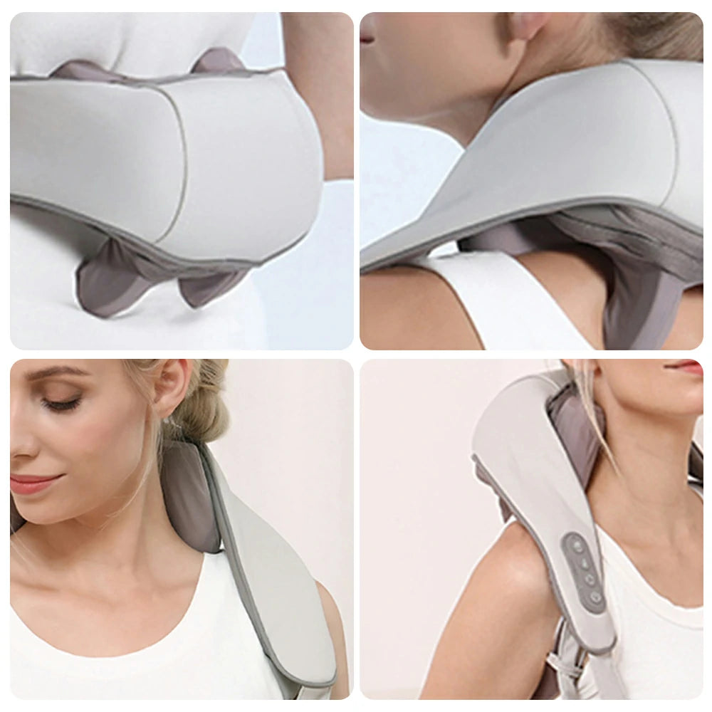 RELAXA Hands-Free Neck Massager with Heat, Quiet Cordless Massage, Breathable Fabric & PU Leather, Clip-On Ergonomic Design