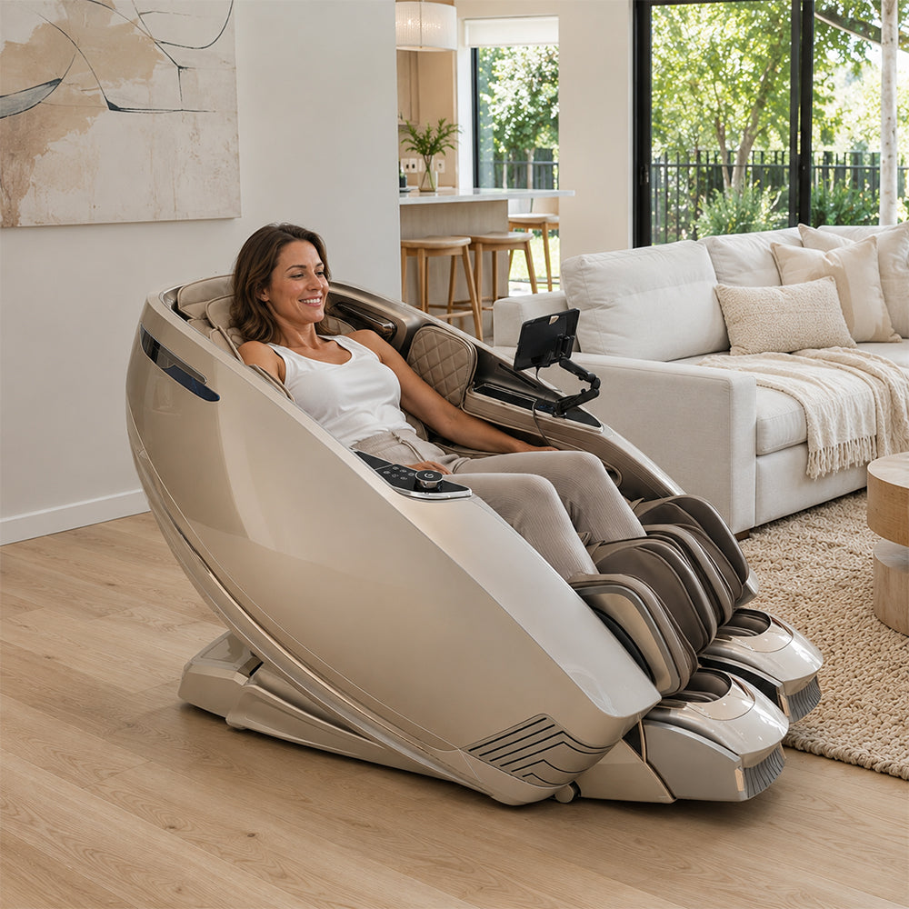 RELAXA Full Body Electric Massage Chair - 360° Foot Massage with Airbag Compression and Calf Stretching - Champagne Gold