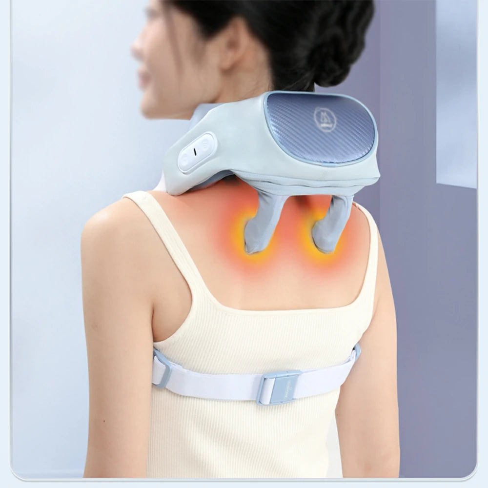 RELAXA Wireless Neck Massager with Heat Deep Kneading Massage Soft Silicone Heads Adjustable Straps Portable Relaxation Device - Blue