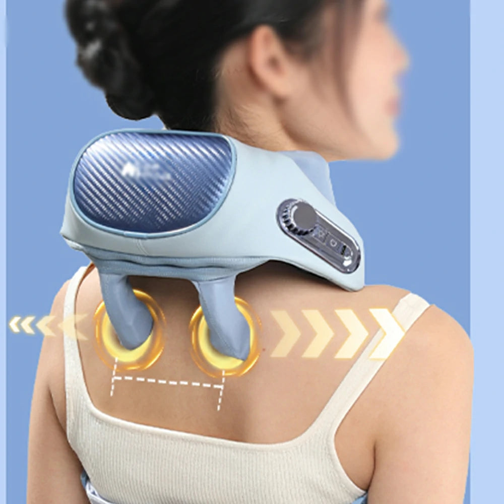 RELAXA Wireless Neck Massager with Heat Deep Kneading Massage Soft Silicone Heads Adjustable Straps Portable Relaxation Device - Blue