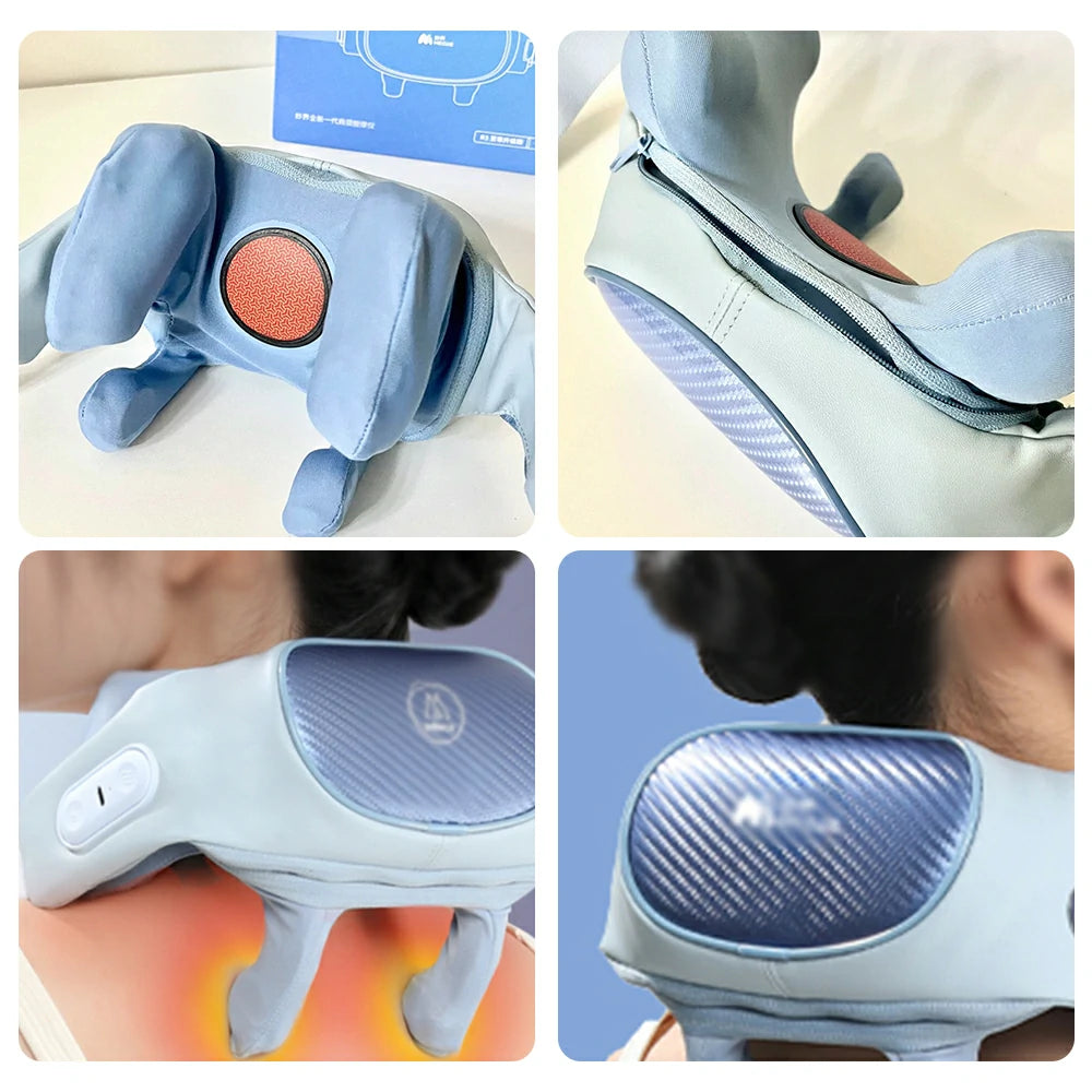 RELAXA Wireless Neck Massager with Heat Deep Kneading Massage Soft Silicone Heads Adjustable Straps Portable Relaxation Device - Blue