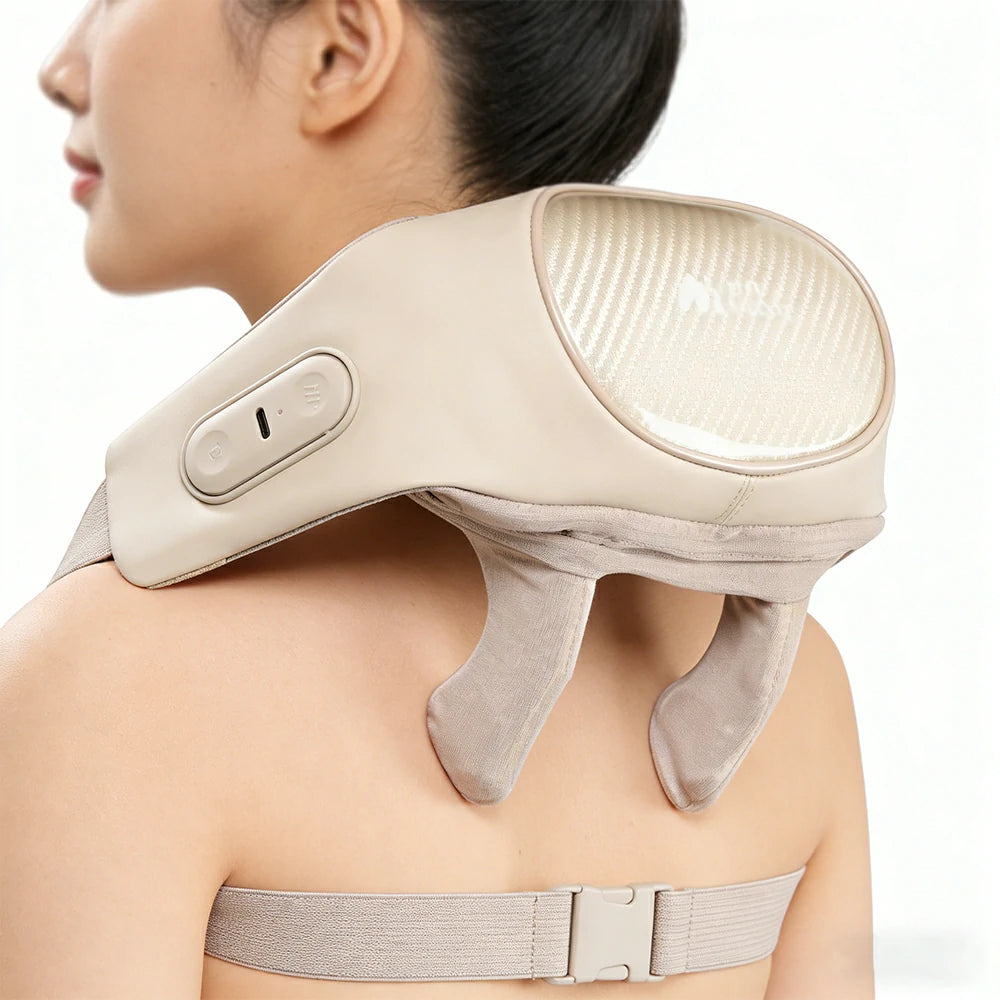 RELAXA Wireless Neck Massager with Heat Deep Kneading Massage Soft Silicone Heads Adjustable Straps Portable Relaxation Device - Gold