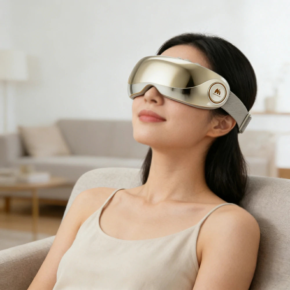 RELAXA Eye Massager with Hydrating Mist Deep Relaxation Pressure Point Massage Wireless Portable Design - Gold