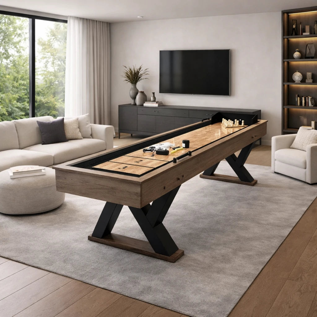 SHUFLEX 9FT LED Shuffleboard Table TS-9079 - Built-In LED Lighting, Dual Game Design for Shuffleboard & Bowling, Sturdy MDF Construction, Indoor Game Table - Wood Grain