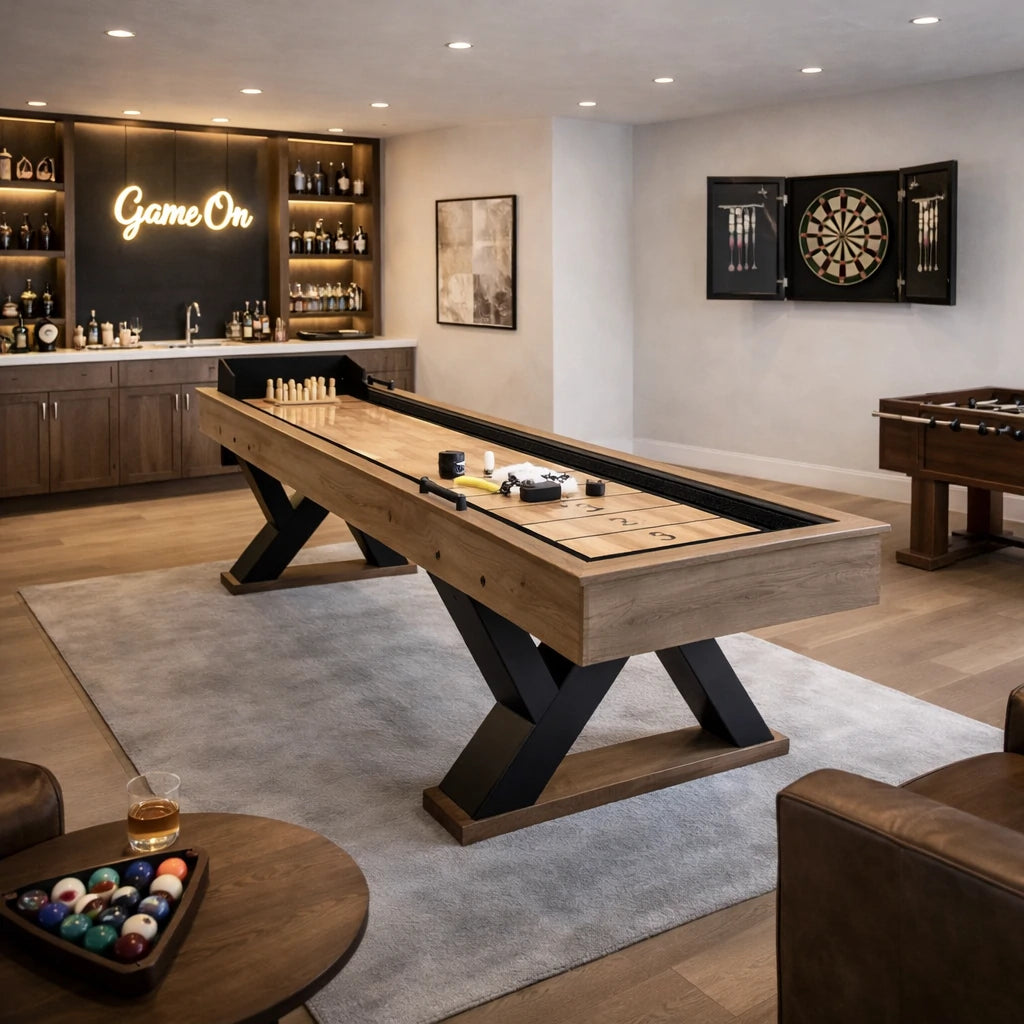 SHUFLEX 9FT LED Shuffleboard Table TS-9079 - Built-In LED Lighting, Dual Game Design for Shuffleboard & Bowling, Sturdy MDF Construction, Indoor Game Table - Wood Grain