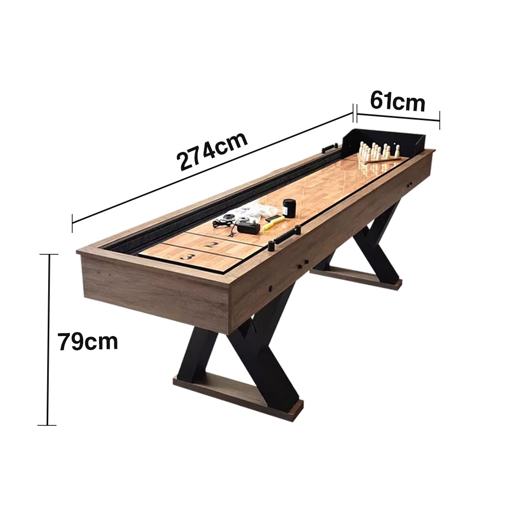 SHUFLEX 9FT LED Shuffleboard Table TS-9079 - Built-In LED Lighting, Dual Game Design for Shuffleboard & Bowling, Sturdy MDF Construction, Indoor Game Table - Wood Grain