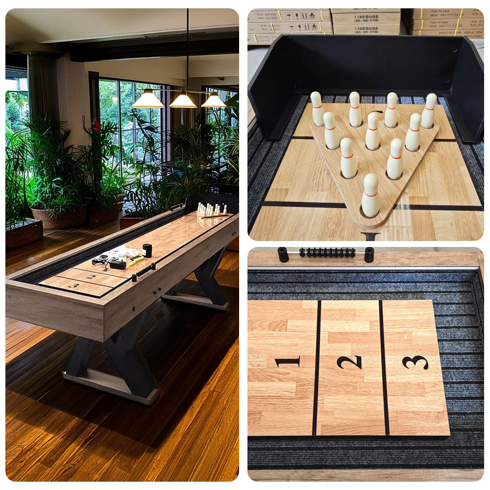SHUFLEX 9FT LED Shuffleboard Table TS-9079 - Built-In LED Lighting, Dual Game Design for Shuffleboard & Bowling, Sturdy MDF Construction, Indoor Game Table - Wood Grain
