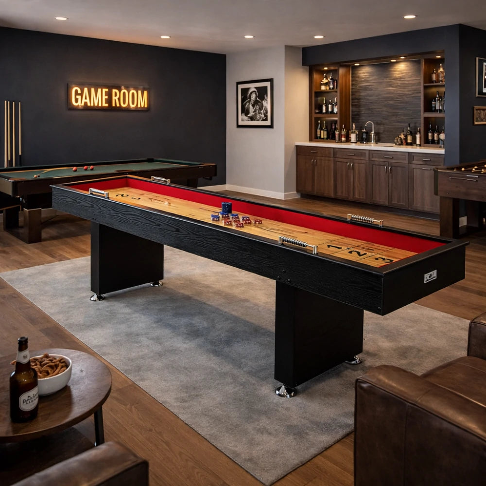 SHUFLEX 9FT Shuffleboard Table - Solid Wood Construction, Built-In Storage Legs, Smooth Metal Pucks, Adjustable Leveling Feet, Indoor Game Table - Black Wood Grain