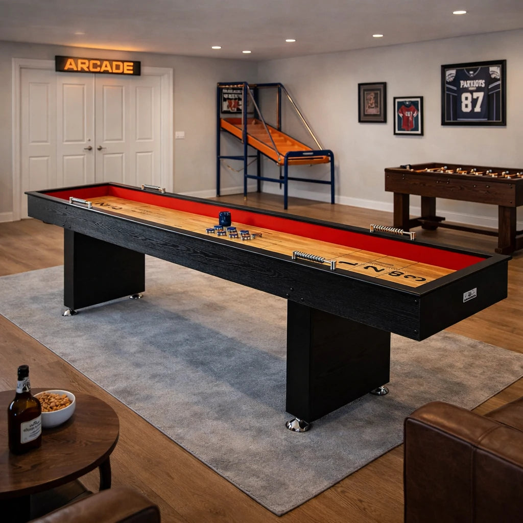 SHUFLEX 9FT Shuffleboard Table - Solid Wood Construction, Built-In Storage Legs, Smooth Metal Pucks, Adjustable Leveling Feet, Indoor Game Table - Black Wood Grain