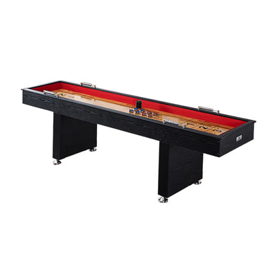 SHUFLEX 9FT Shuffleboard Table - Solid Wood Construction, Built-In Storage Legs, Smooth Metal Pucks, Adjustable Leveling Feet, Indoor Game Table - Black Wood Grain