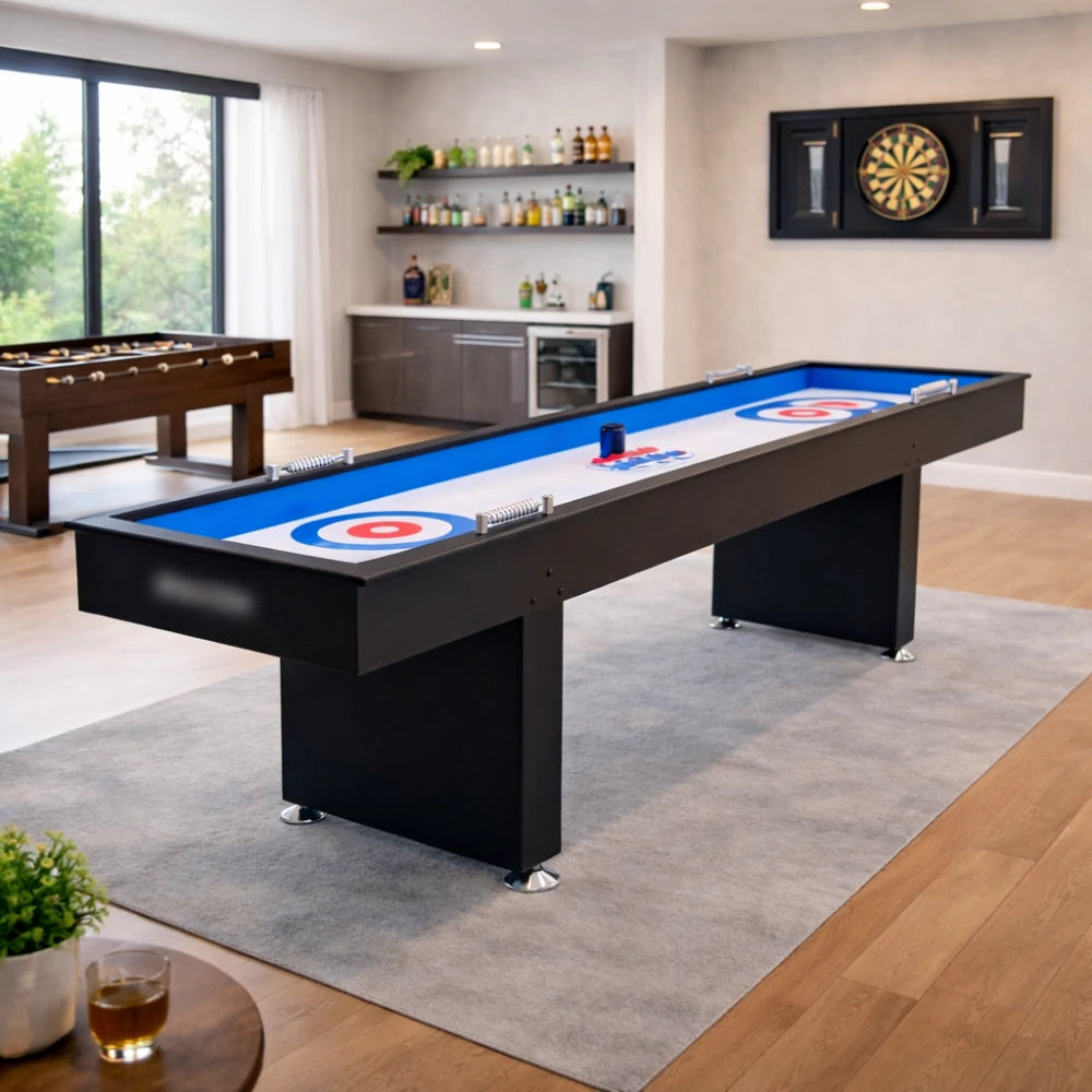 SHUFLEX 9FT Curling Game Table  Solid Wood Frame, Smooth Ice-Style Playing Surface, Precision Scoring System, Adjustable Leveling Feet, Indoor Game Table - Black