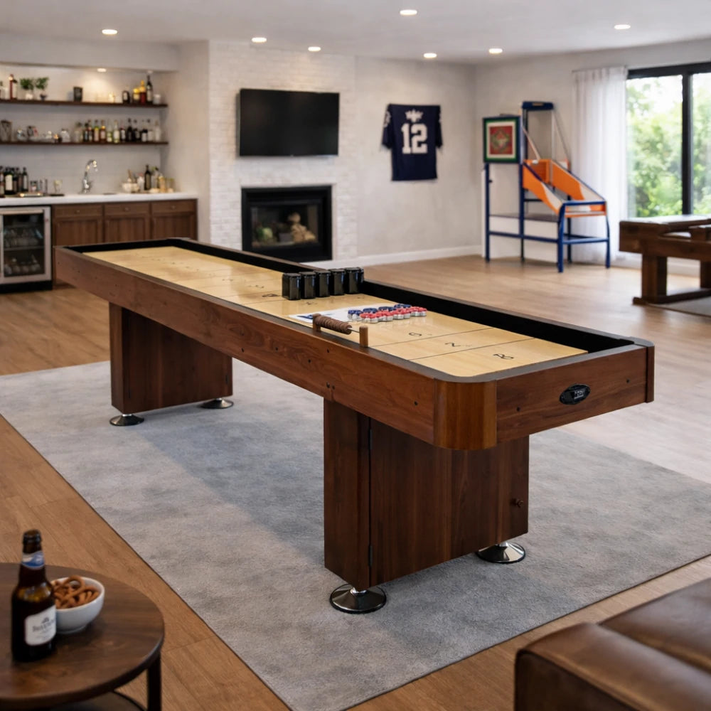 SHUFLEX 9/12/14/16FT Solid Wood Shuffleboard Table - Professional Hardwood Playing Surface, Smooth Stable Roll, Heavy-Duty Construction, Indoor Game Table - Brown