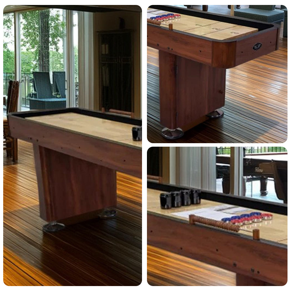 SHUFLEX 9/12/14/16FT Solid Wood Shuffleboard Table - Professional Hardwood Playing Surface, Smooth Stable Roll, Heavy-Duty Construction, Indoor Game Table - Brown