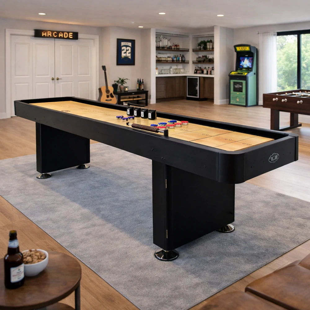 SHUFLEX 9/12/14/16FT Solid Wood Shuffleboard Table - Professional Hardwood Playing Surface, Smooth Stable Roll, Heavy-Duty Construction, Indoor Game Table - Black