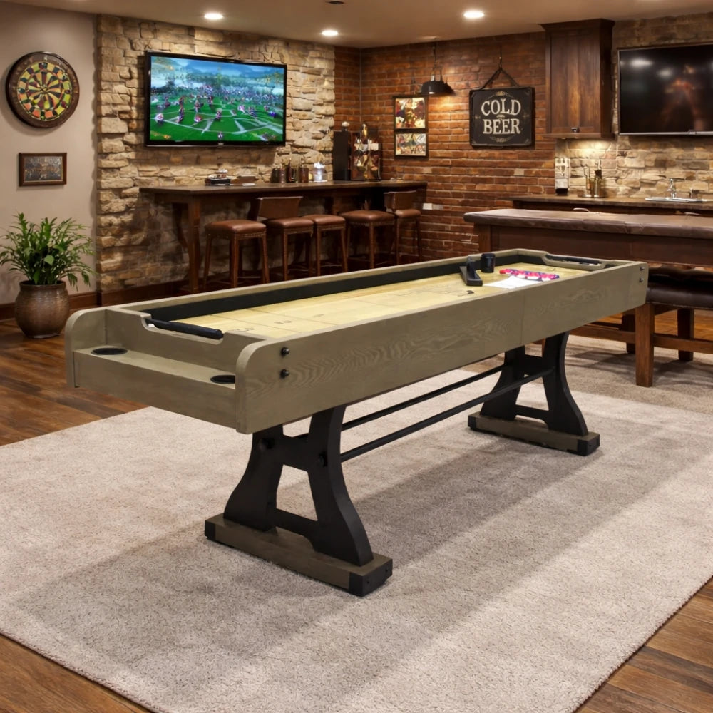 SHUFLEX 9FT Solid Wood Shuffleboard Table - Resin-Coated Hardwood Playing Surface, Smooth Stable Roll, Heavy-Duty Frame, Indoor Game Table - Walnut Brown