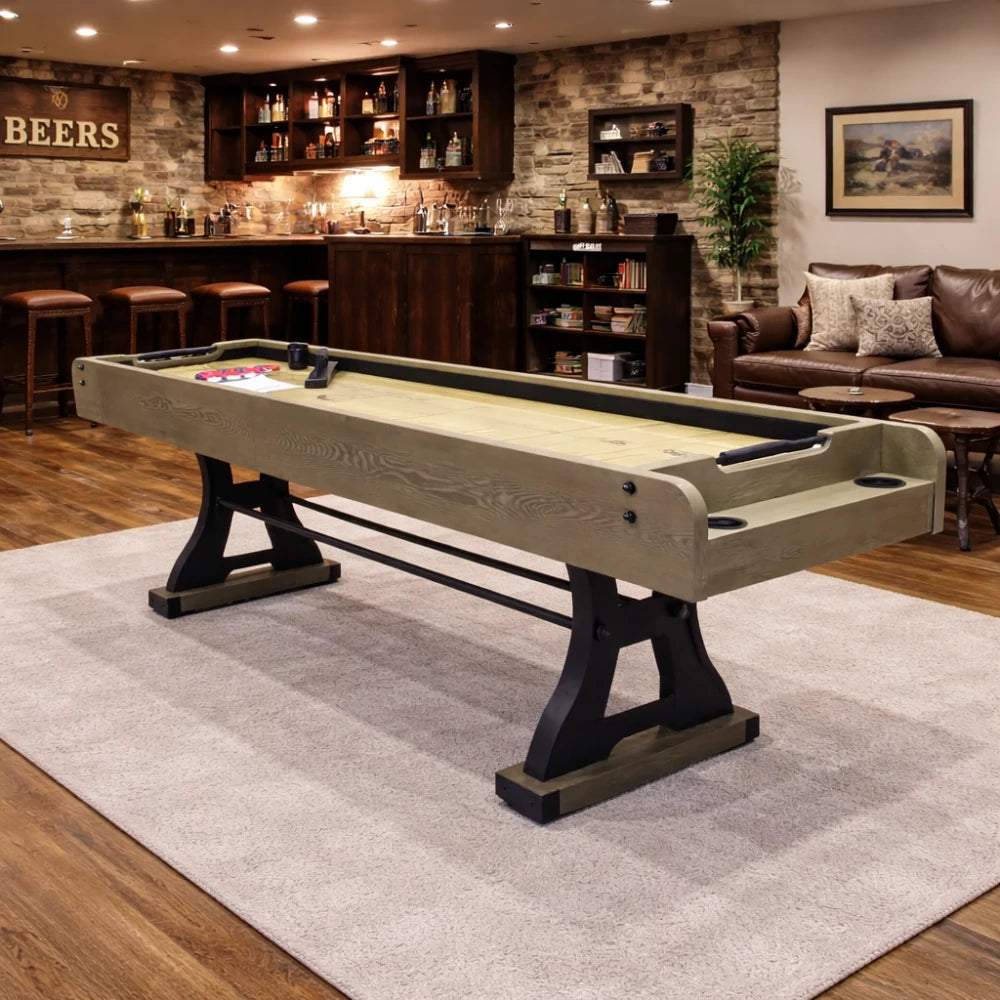 SHUFLEX 9FT Solid Wood Shuffleboard Table - Resin-Coated Hardwood Playing Surface, Smooth Stable Roll, Heavy-Duty Frame, Indoor Game Table - Walnut Brown