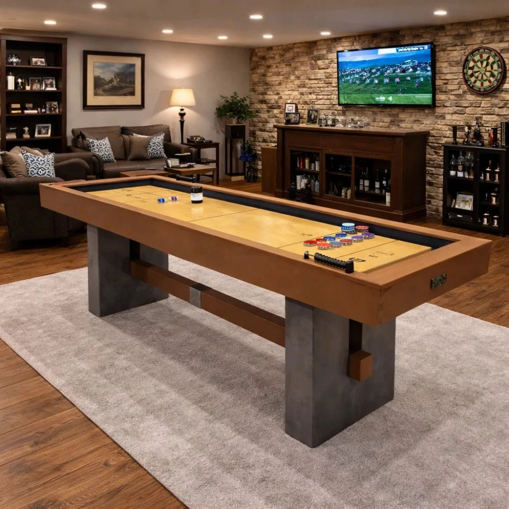 SHUFLEX 9FT Solid Wood Shuffleboard Table - UV-Coated Birch Playing Surface, Smooth Stable Roll, Industrial Style Cement-Effect Legs, Indoor Game Table - Natural Wood
