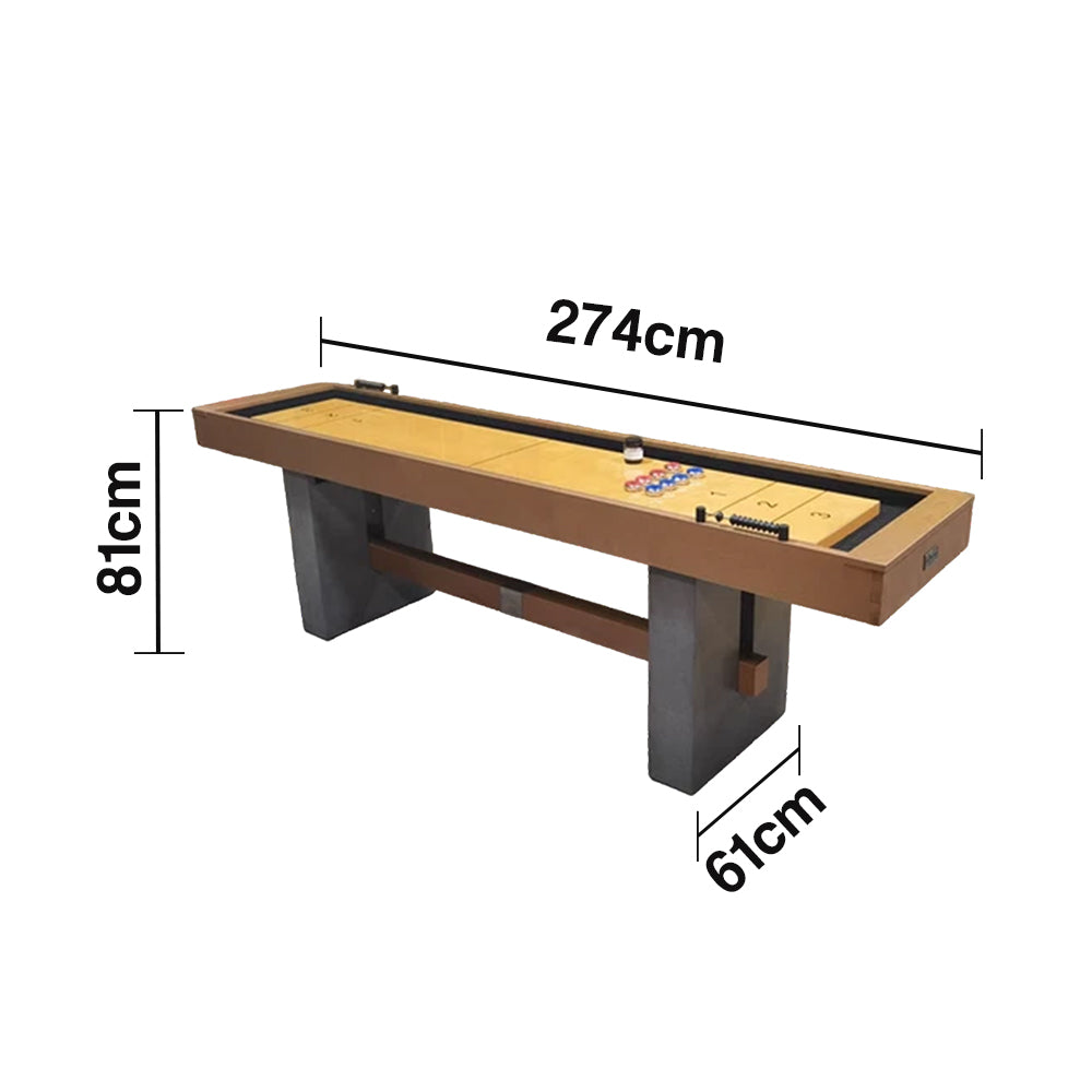 SHUFLEX 9FT Solid Wood Shuffleboard Table - UV-Coated Birch Playing Surface, Smooth Stable Roll, Industrial Style Cement-Effect Legs, Indoor Game Table - Natural Wood