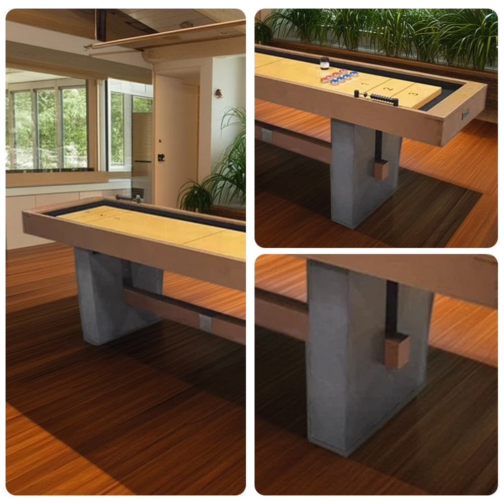 SHUFLEX 9FT Solid Wood Shuffleboard Table - UV-Coated Birch Playing Surface, Smooth Stable Roll, Industrial Style Cement-Effect Legs, Indoor Game Table - Natural Wood