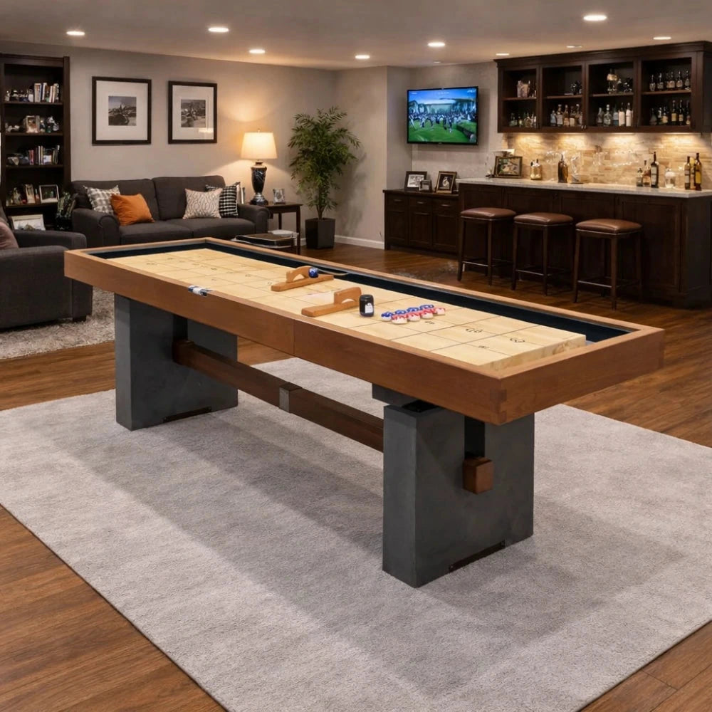 SHUFLEX 12FT Solid Wood Shuffleboard Table - Professional Hardwood Playing Surface, Smooth Stable Roll, Heavy-Duty Frame, Indoor Game Table - Brown Wood Grain