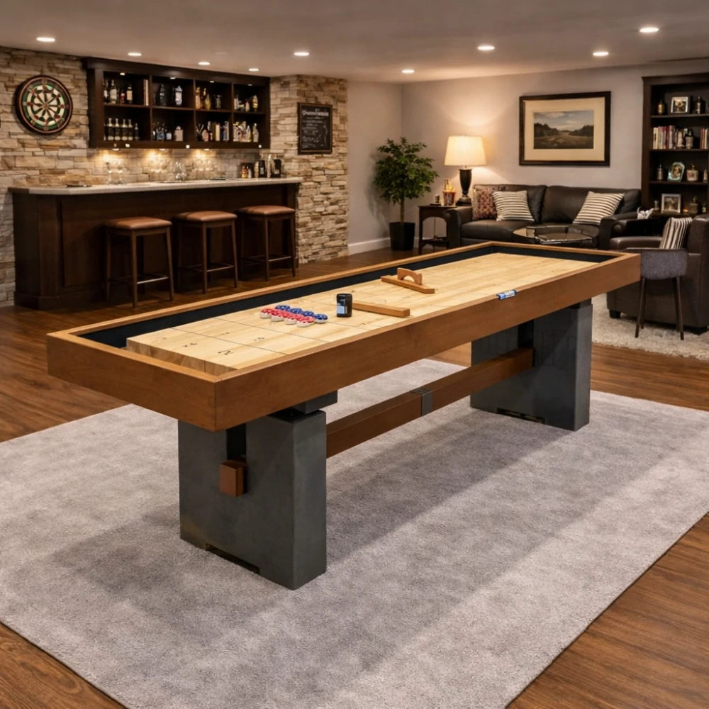 SHUFLEX 12FT Solid Wood Shuffleboard Table - Professional Hardwood Playing Surface, Smooth Stable Roll, Heavy-Duty Frame, Indoor Game Table - Brown Wood Grain