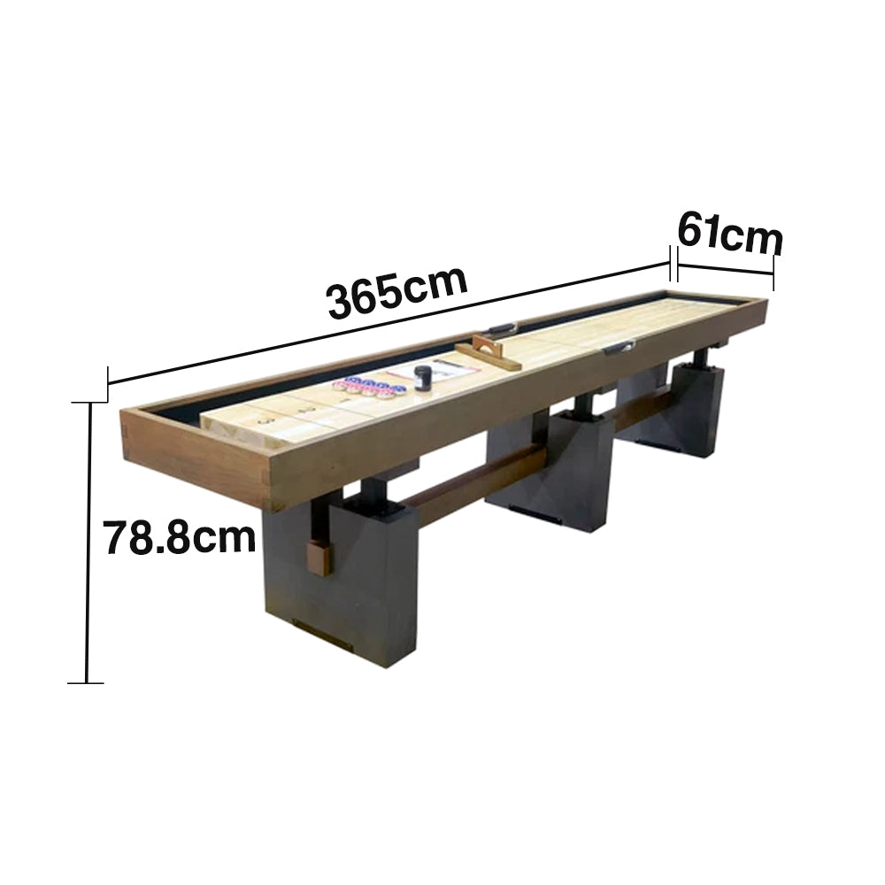 SHUFLEX 12FT Solid Wood Shuffleboard Table - Professional Hardwood Playing Surface, Smooth Stable Roll, Heavy-Duty Frame, Indoor Game Table - Brown Wood Grain