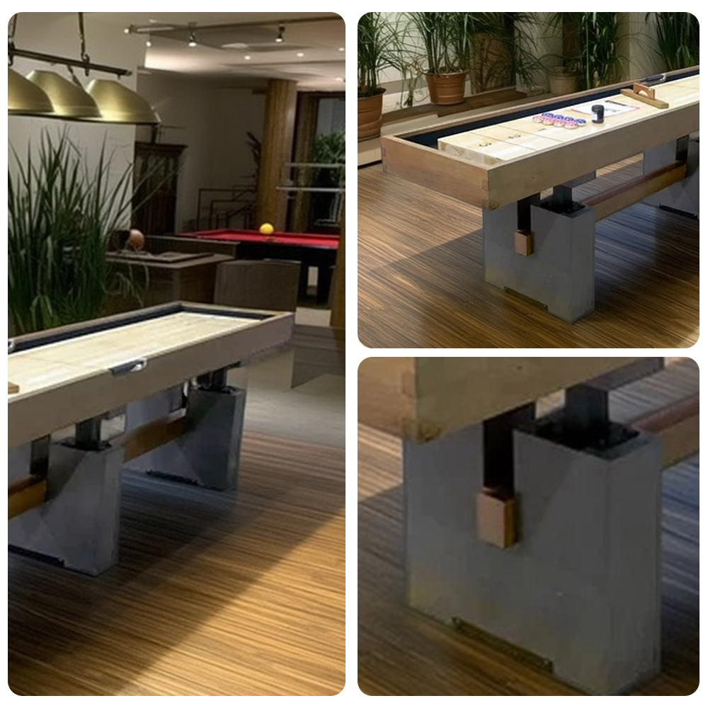 SHUFLEX 12FT Solid Wood Shuffleboard Table - Professional Hardwood Playing Surface, Smooth Stable Roll, Heavy-Duty Frame, Indoor Game Table - Brown Wood Grain