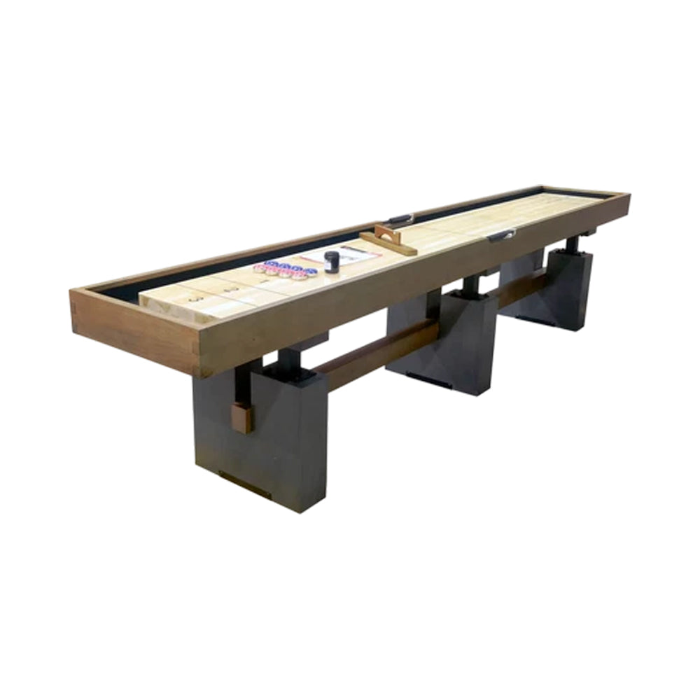 SHUFLEX 12FT Solid Wood Shuffleboard Table - Professional Hardwood Playing Surface, Smooth Stable Roll, Heavy-Duty Frame, Indoor Game Table - Brown Wood Grain