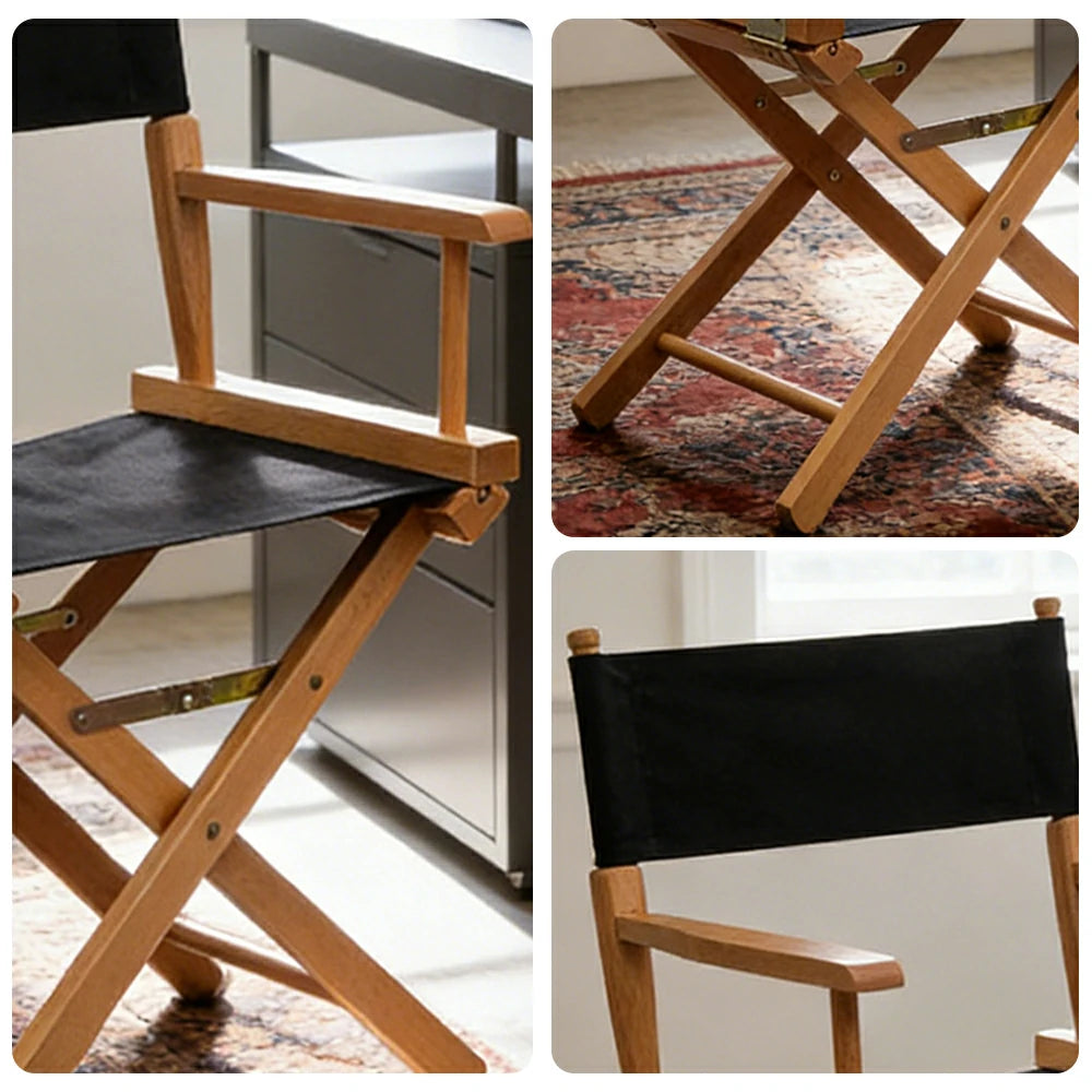 SOLARA Folding Director Chair - Solid Wood Cross Frame with Breathable Canvas Seat, Portable Outdoor Camping & Makeup Chair - Natural Wood & Black