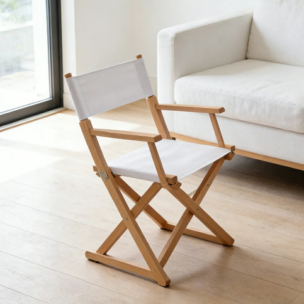 SOLARA Folding Director Chair - Solid Wood Cross Frame with Breathable Canvas Seat, Portable Outdoor Camping & Makeup Chair - Natural Wood & White