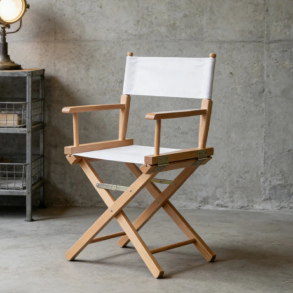 SOLARA Folding Director Chair - Solid Wood Cross Frame with Breathable Canvas Seat, Portable Outdoor Camping & Makeup Chair - Natural Wood & White
