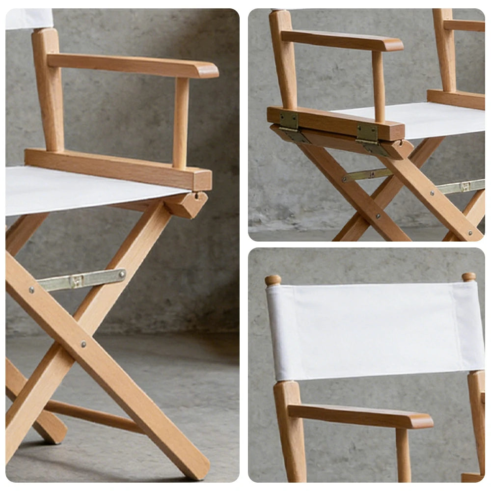 SOLARA Folding Director Chair - Solid Wood Cross Frame with Breathable Canvas Seat, Portable Outdoor Camping & Makeup Chair - Natural Wood & White