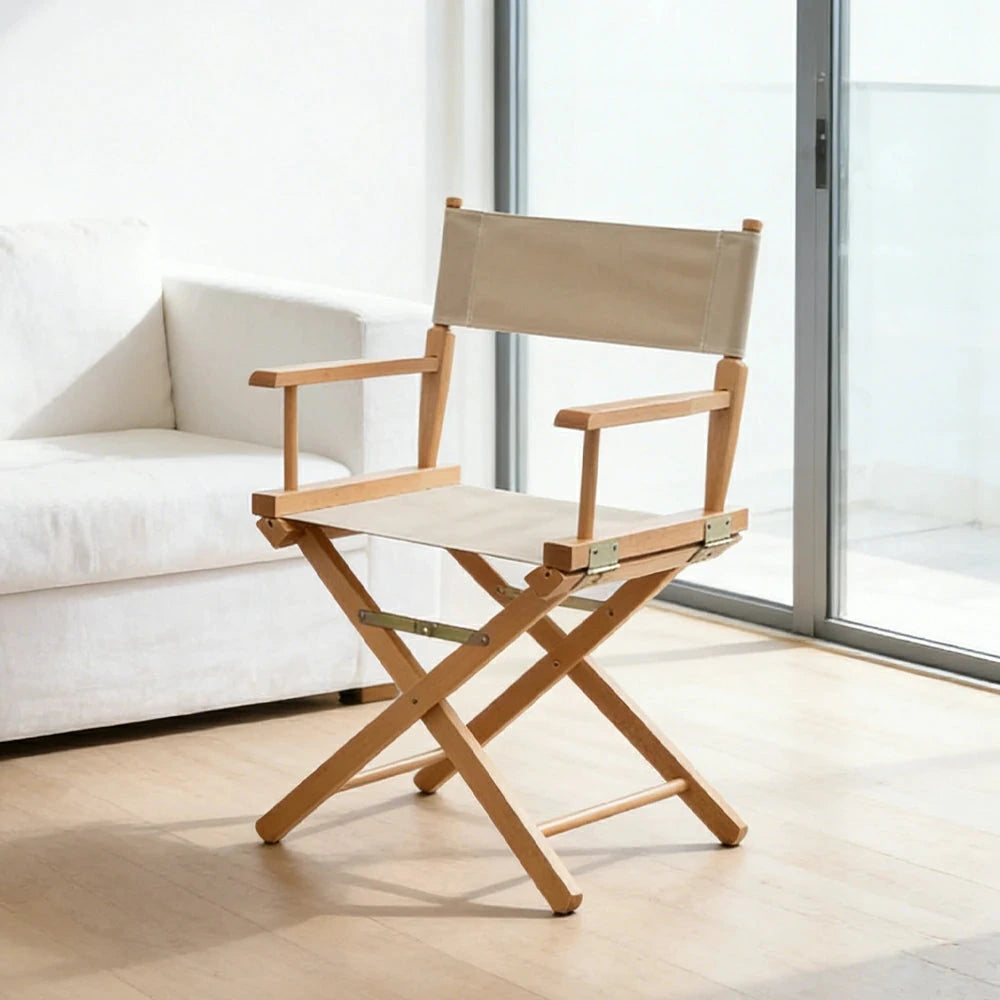 SOLARA Folding Director Chair - Solid Wood Cross Frame with Breathable Canvas Seat, Portable Outdoor Camping & Makeup Chair - Natural Wood & Khaki