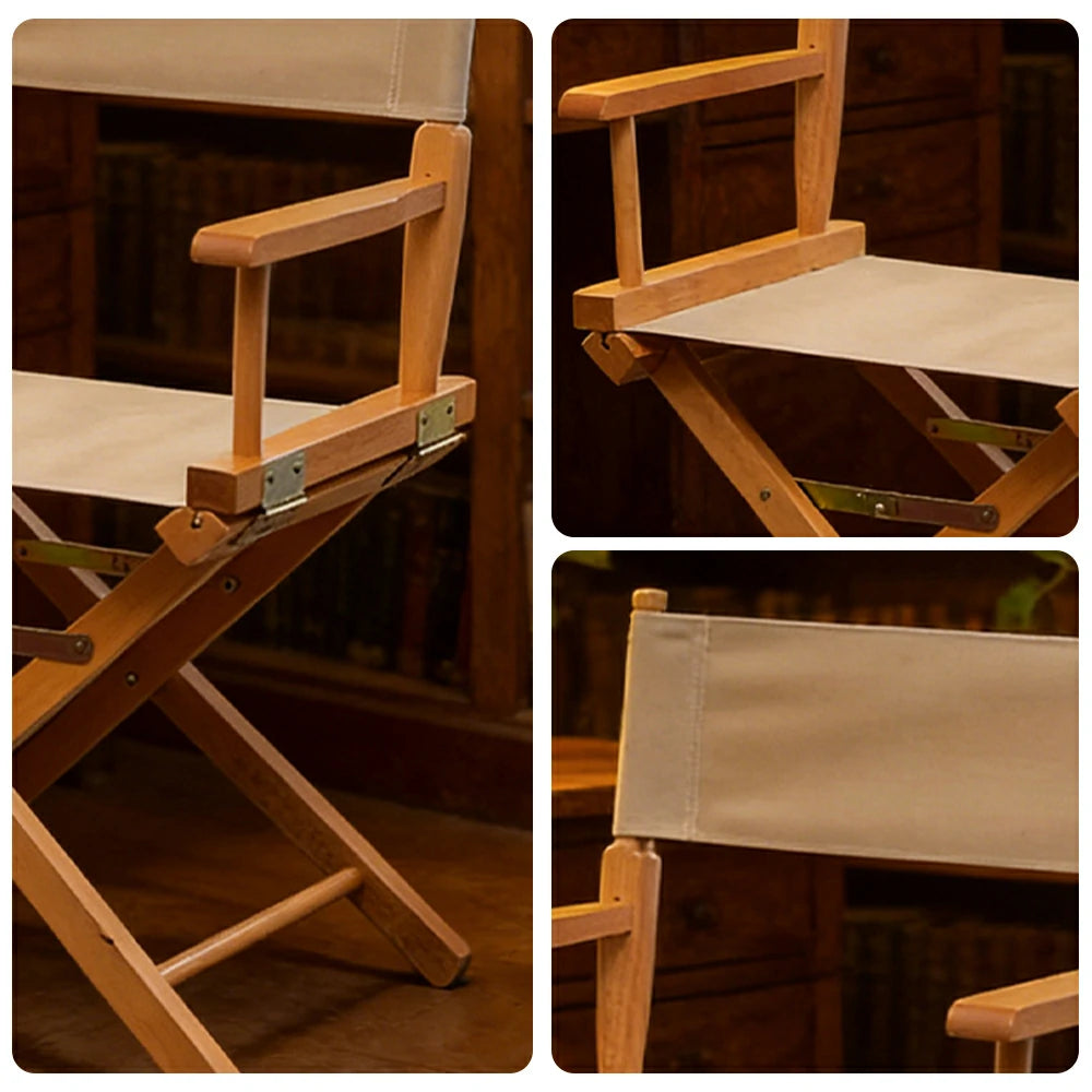 SOLARA Folding Director Chair - Solid Wood Cross Frame with Breathable Canvas Seat, Portable Outdoor Camping & Makeup Chair - Natural Wood & Khaki