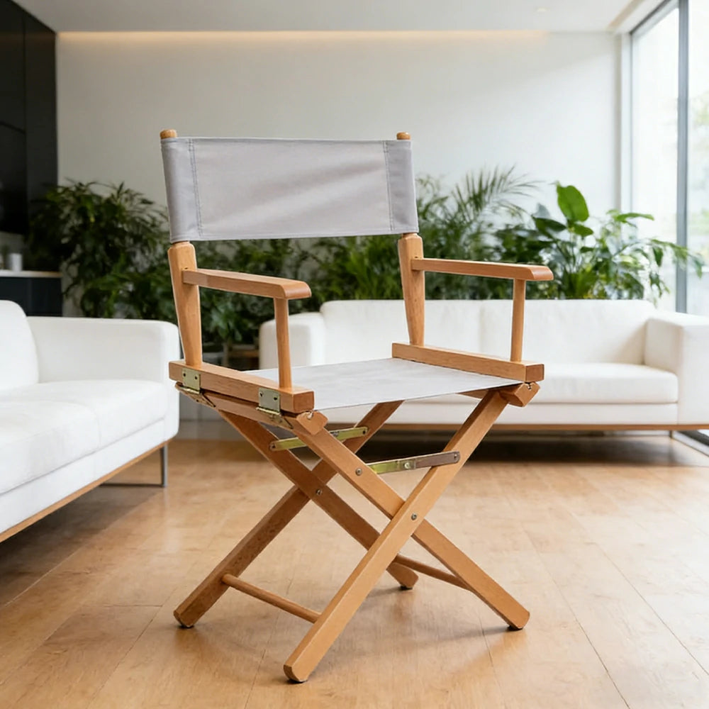 SOLARA Folding Director Chair - Solid Wood Cross Frame with Breathable Canvas Seat, Portable Outdoor Camping & Makeup Chair - Natural Wood & Grey