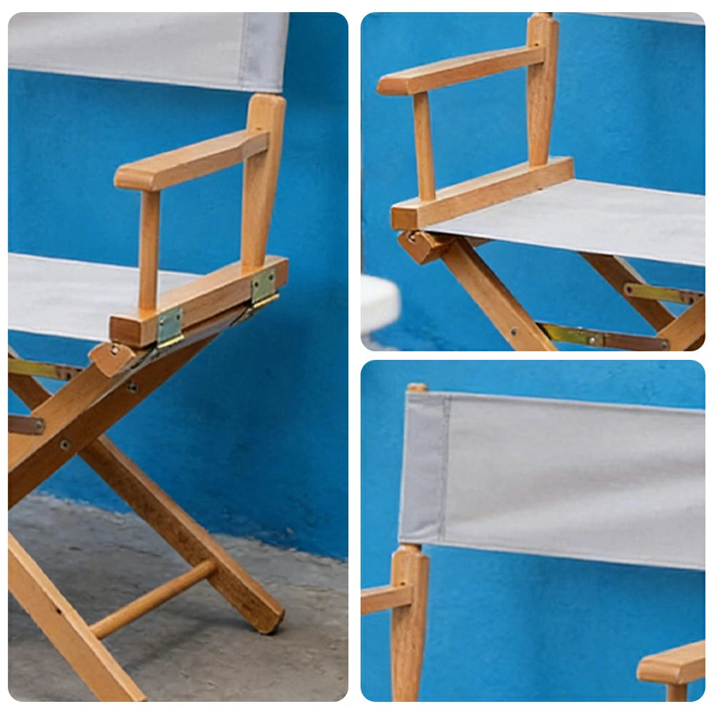 SOLARA Folding Director Chair - Solid Wood Cross Frame with Breathable Canvas Seat, Portable Outdoor Camping & Makeup Chair - Natural Wood & Grey