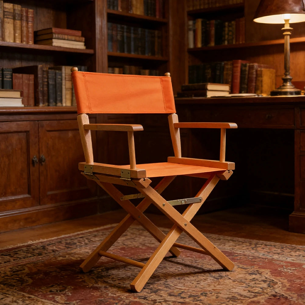 SOLARA Folding Director Chair - Solid Wood Cross Frame with Breathable Canvas Seat, Portable Outdoor Camping & Makeup Chair - Natural Wood & Orange