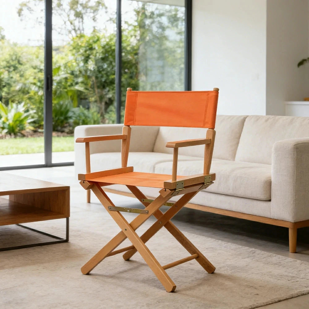 SOLARA Folding Director Chair - Solid Wood Cross Frame with Breathable Canvas Seat, Portable Outdoor Camping & Makeup Chair - Natural Wood & Orange