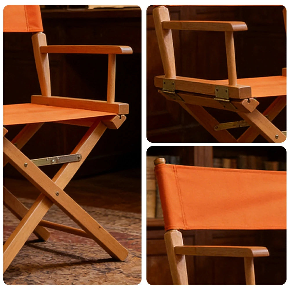SOLARA Folding Director Chair - Solid Wood Cross Frame with Breathable Canvas Seat, Portable Outdoor Camping & Makeup Chair - Natural Wood & Orange
