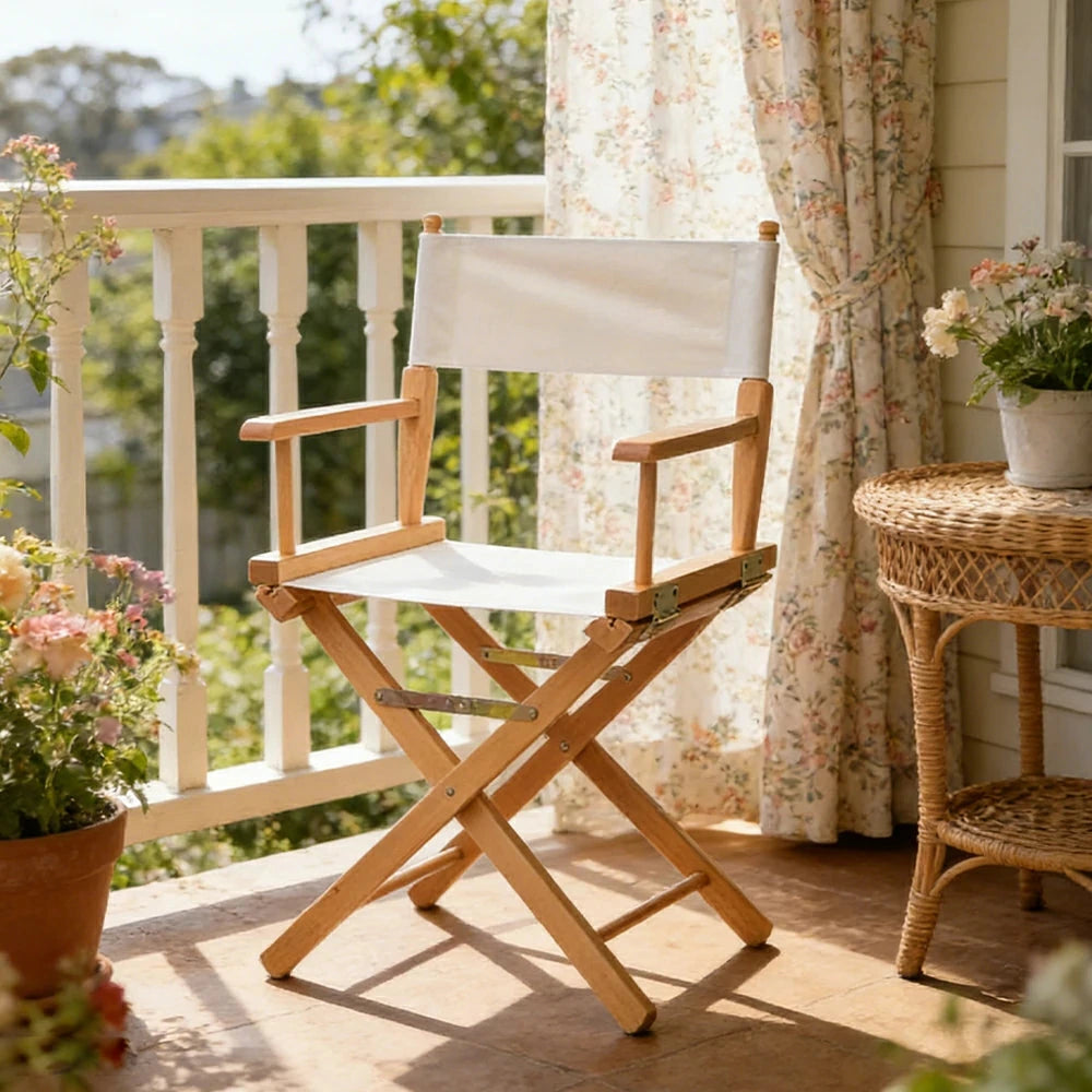 SOLARA Folding Director Chair - Solid Wood Cross Frame with Breathable Canvas Seat, Portable Outdoor Camping & Makeup Chair - Natural Wood & Beige