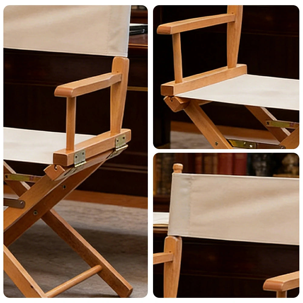 SOLARA Folding Director Chair - Solid Wood Cross Frame with Breathable Canvas Seat, Portable Outdoor Camping & Makeup Chair - Natural Wood & Beige