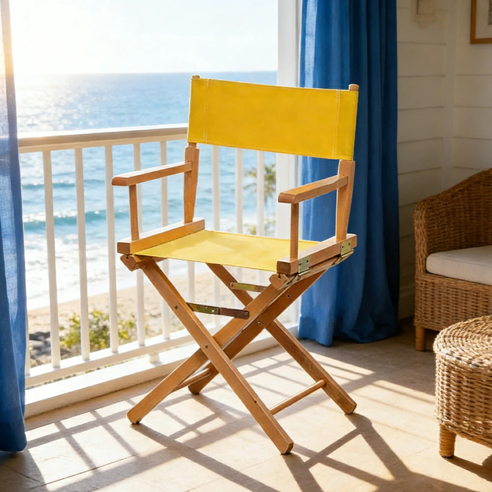 SOLARA Folding Director Chair - Solid Wood Cross Frame with Breathable Canvas Seat, Portable Outdoor Camping & Makeup Chair - Natural Wood & Yellow