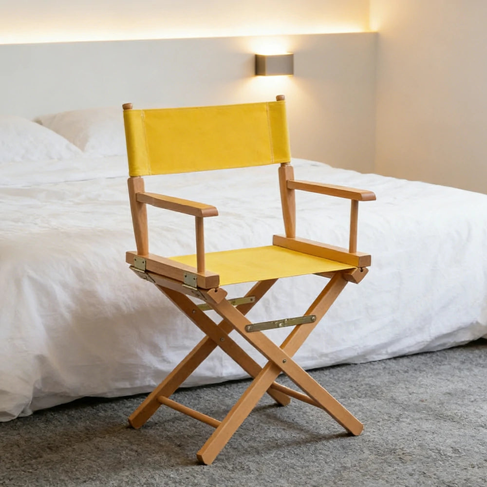 SOLARA Folding Director Chair - Solid Wood Cross Frame with Breathable Canvas Seat, Portable Outdoor Camping & Makeup Chair - Natural Wood & Yellow