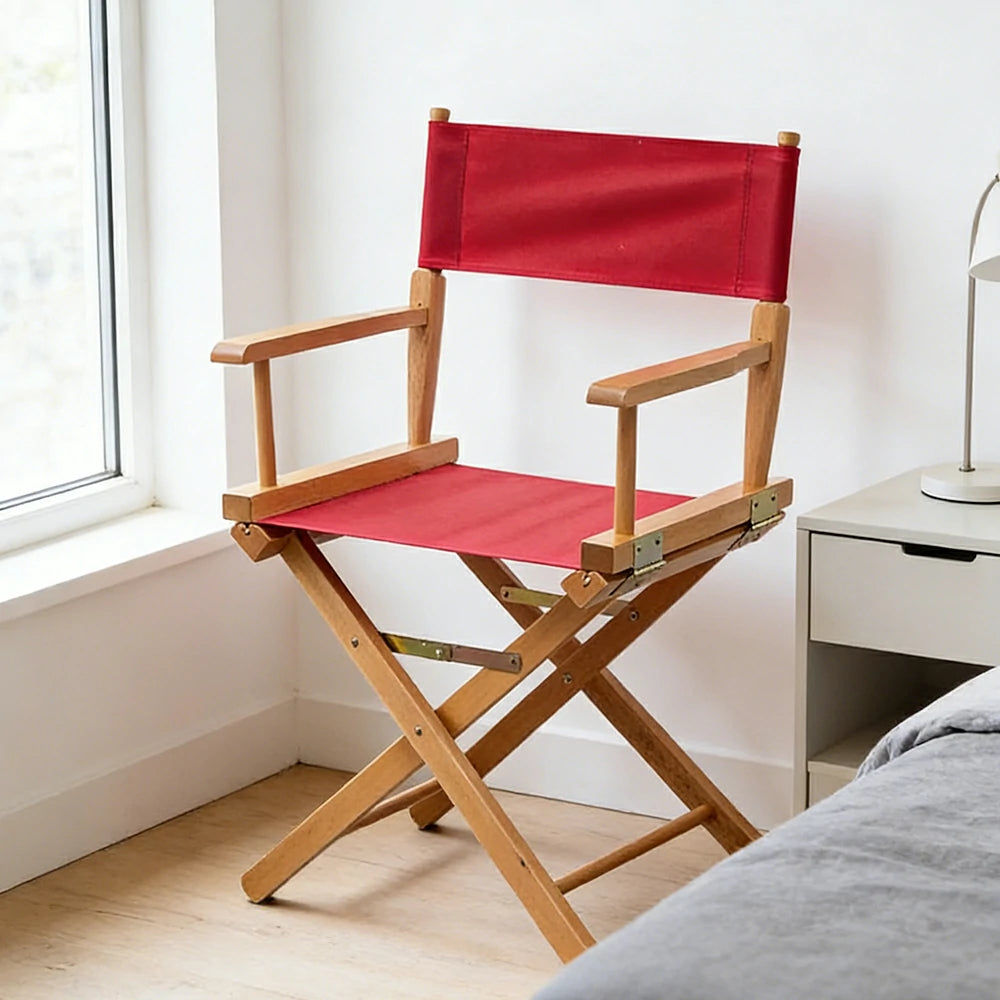 SOLARA Folding Director Chair - Solid Wood Cross Frame with Breathable Canvas Seat, Portable Outdoor Camping & Makeup Chair - Natural Wood & Wine Red