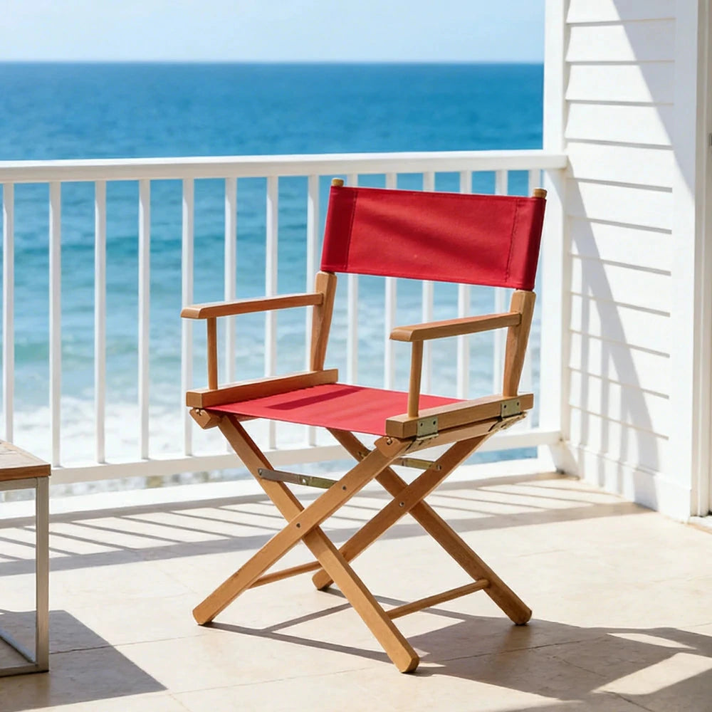 SOLARA Folding Director Chair - Solid Wood Cross Frame with Breathable Canvas Seat, Portable Outdoor Camping & Makeup Chair - Natural Wood & Wine Red