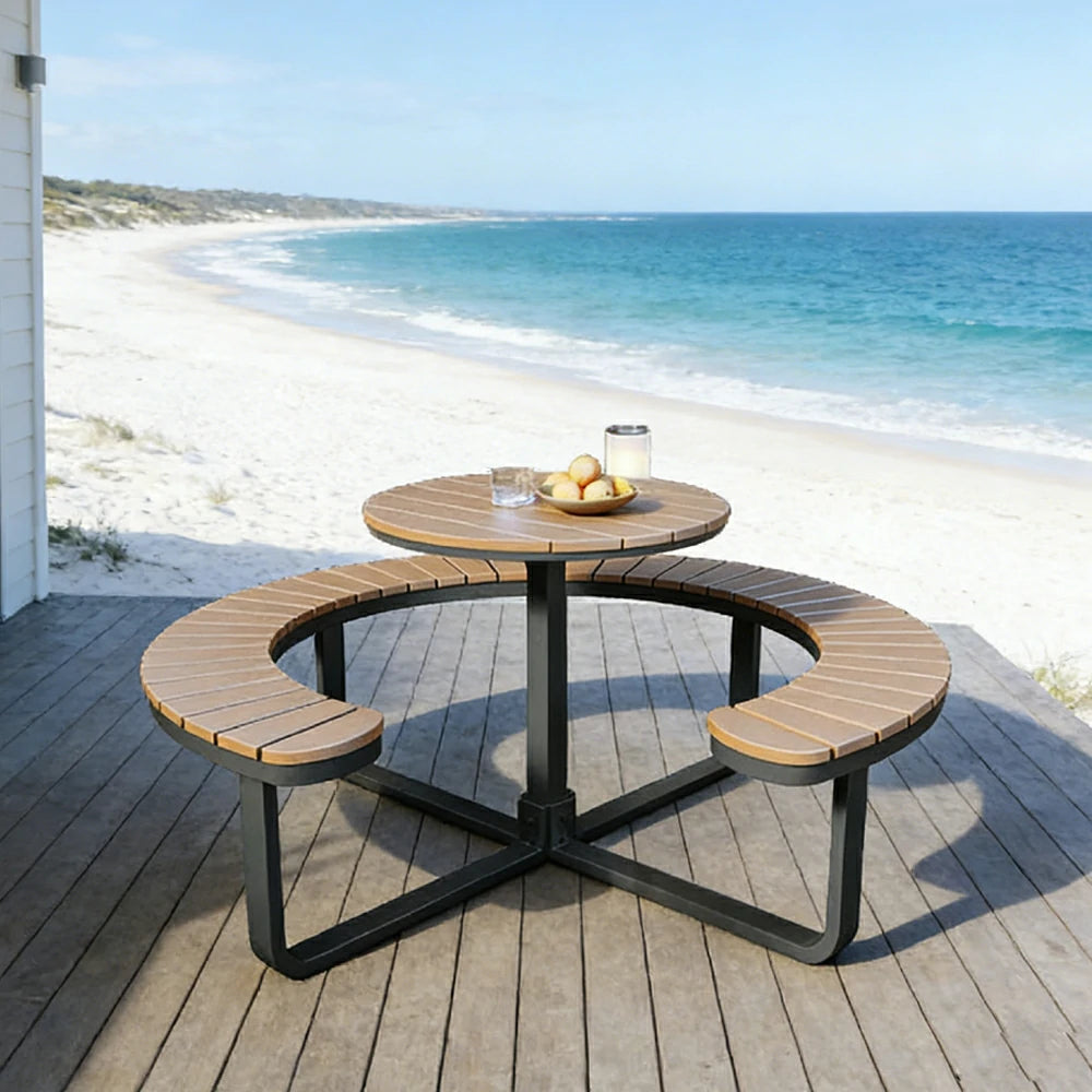 SOLARA Outdoor Round Picnic Table Set - Integrated Circular Bench Seating, Iron Frame with Wood-Plastic Slats, 150/160/180cm Garden Patio Dining Table - Black & Wood