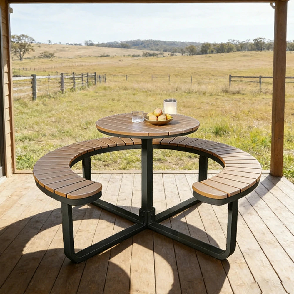 SOLARA Outdoor Round Picnic Table Set - Integrated Circular Bench Seating, Iron Frame with Wood-Plastic Slats, 150/160/180cm Garden Patio Dining Table - Black & Wood
