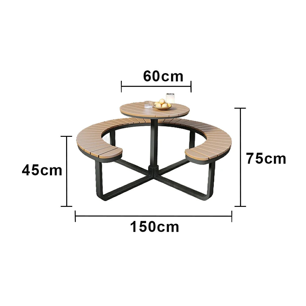SOLARA Outdoor Round Picnic Table Set - Integrated Circular Bench Seating, Iron Frame with Wood-Plastic Slats, 150/160/180cm Garden Patio Dining Table - Black & Wood